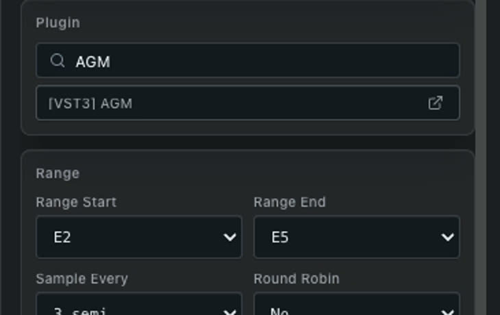 Auto Sampler configured with AGM, three velocity layers and an E2 to E5 range