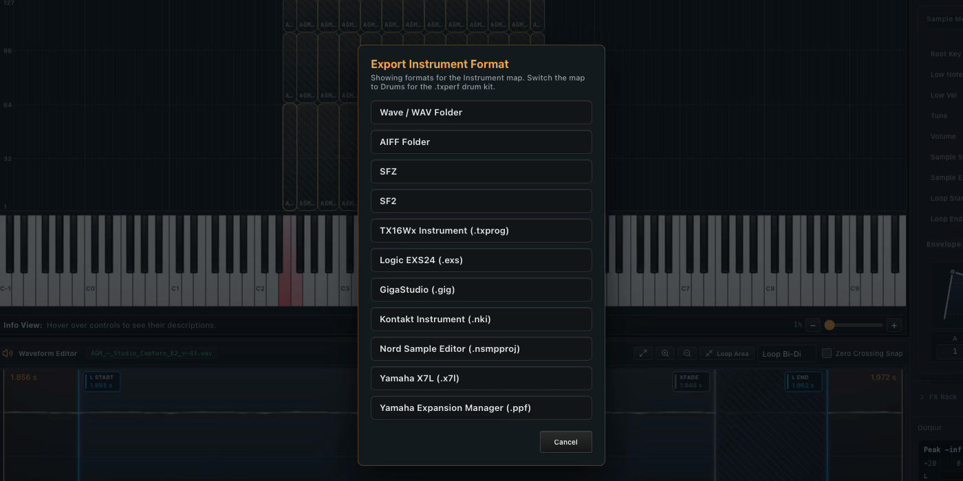 Actual SampleWorks Pro export window listing the export formats
