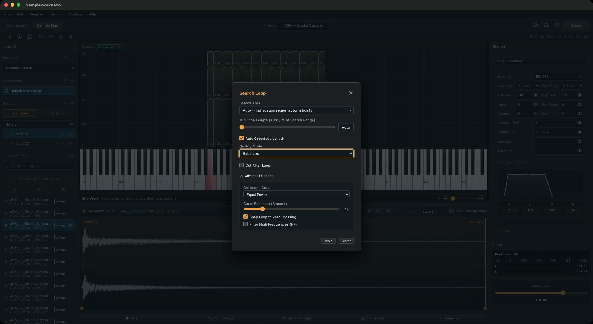 Actual LoopSearch dialog with sustain analysis and crossfade settings
