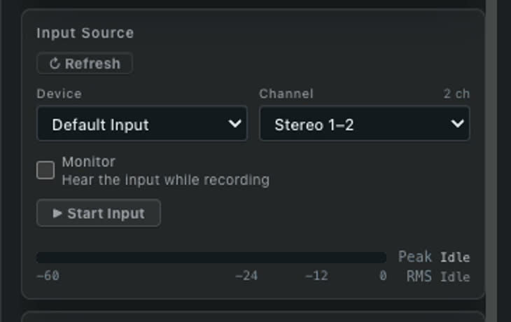 Live instrument setup with audio input and metronome controls